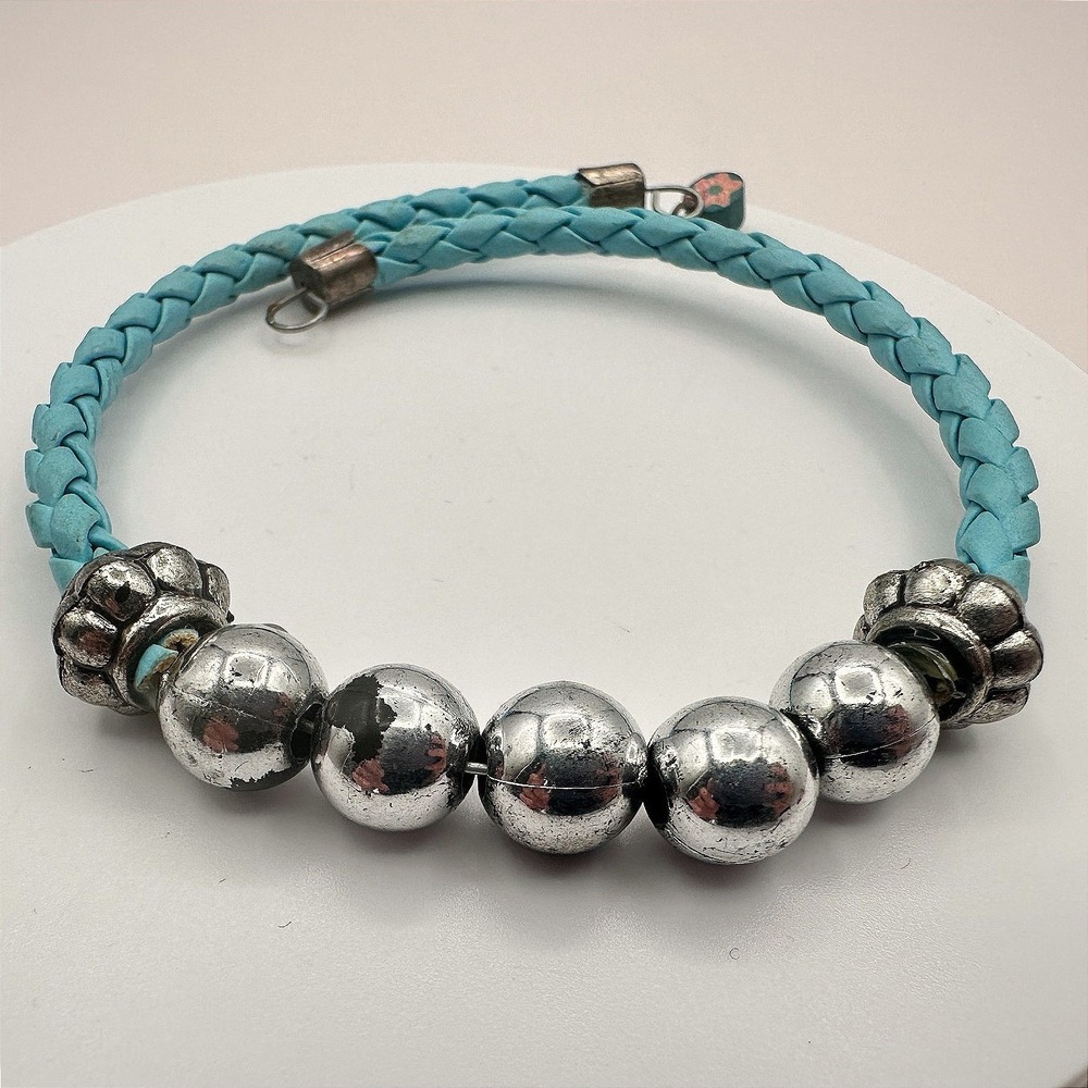 Vintage Y2K‎ Silver Tone Beaded Leather Braided Bracelet Women's Classic Jewelry